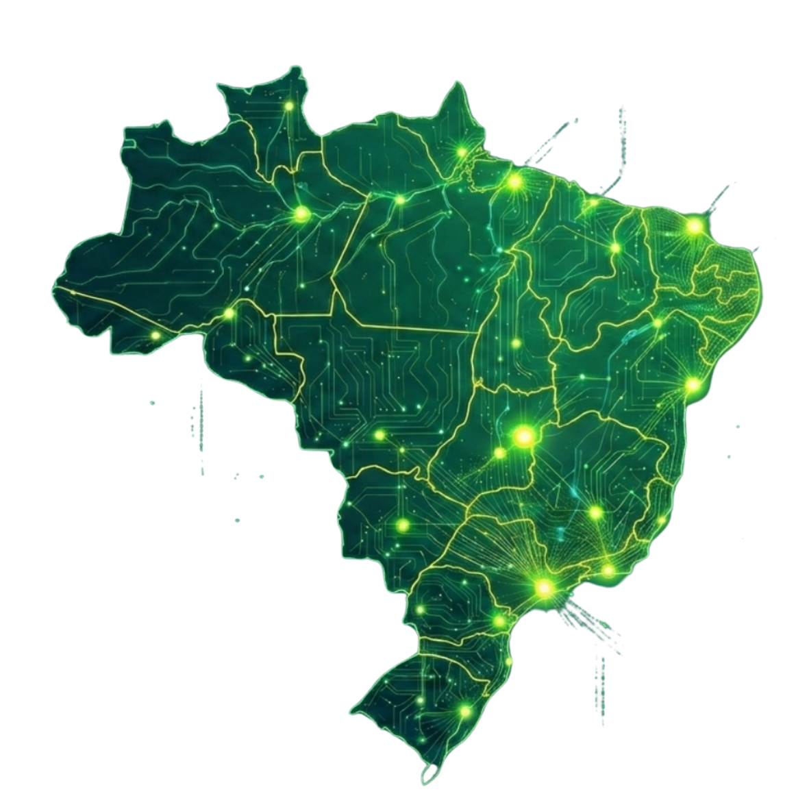 Mapa do Brasil com pontos luminosos representando a presença da comunidade AI Brasil